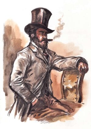 Portrait illustré de Grognard, acolyte d'Arsène Lupin, homme barbu en chapeau haut-de-forme fumant un cigare